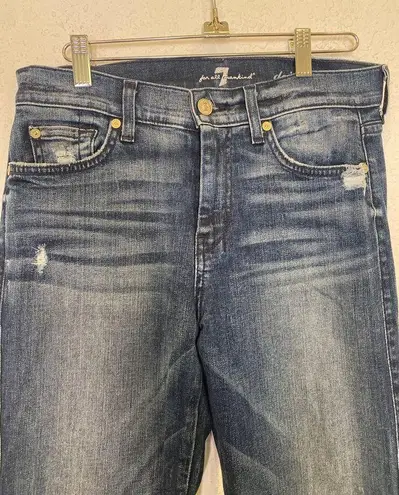 7 For All Mankind 7FAMK Dojo Flare Denim Jeans EUC Sz 27 Long Inseam Distressed Cotton USA