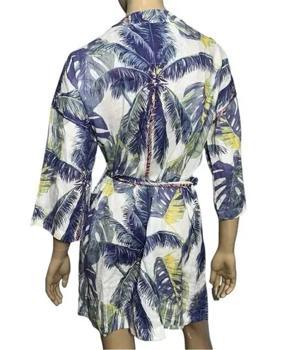 The Lazy Poet Women’s Sz L XL White Green Blue Palm Tree Print Short Linen Robe