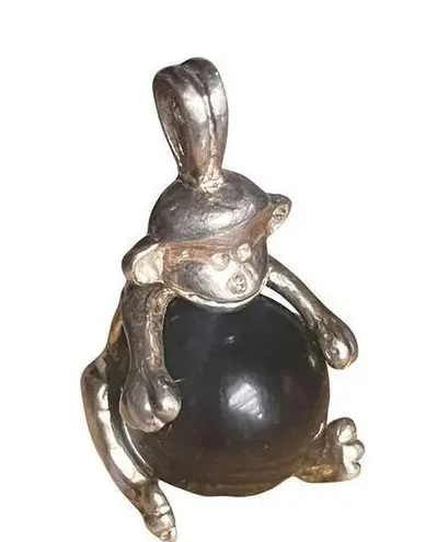 Antique Sterling Silver Monkey Holding Round Tigers Eye Ball Pendent Silver