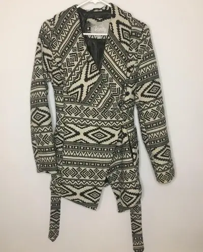 Vanity Collection VANITY Black White Aztec Geometric Wool Blend Jacket Coat Belt Tie Medium