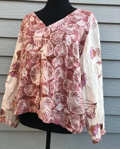 Tahari Tropical Printed Button Down Floral V-Neck Linen Blouse Size L NEW