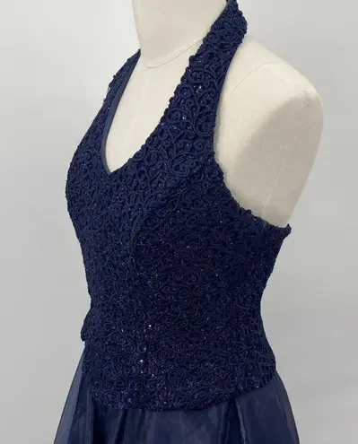 Vintage Y2k Gown Fit & Flare Halter Neck Embroidered Sequins Maxi Navy Blue XS