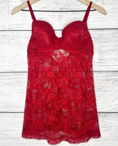 Jesebel Sheer Red Floral Lace Bustier Bra Top Chemise Slip Lingerie Size Large