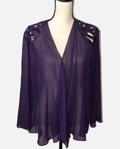 Sheer Purple Open Wrap Cover Purple Sequins Laser Cut Long Sleeve Top Jacket Size L
