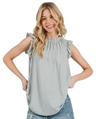 Ces Femme Ruffle Neck Sleeveless Top Mint Green Textured Summer Feminine Size L