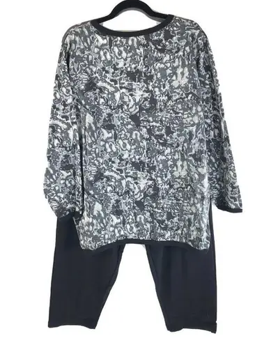 Roamans Sweatsuit Set Top Pants Scoop Neck Pull On Gray Black L 18/20 Petite Size 18P