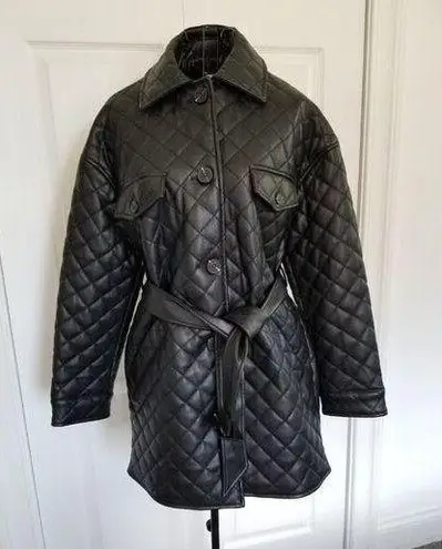 Topshop  Quinn Button Up Belted Faux Leather Quilted Black Jacket Womens Size 6