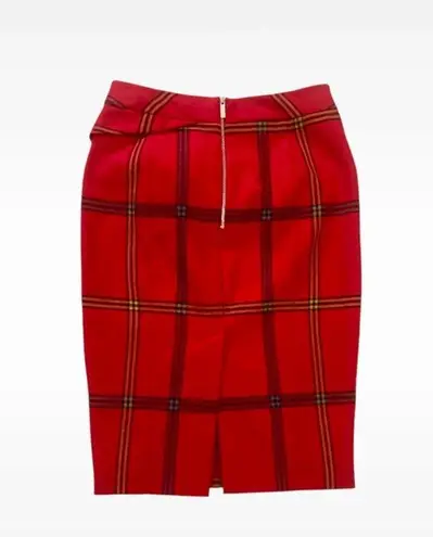 Karen Millen  Edgy Red High Waisted Tartan Plaid Ruffle Popover Pencil Skirt Sz.2