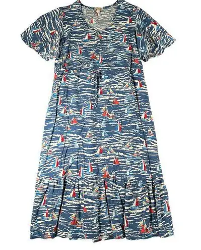 Stitch by Chenault Womens L Maxi Dress Sailboat Print Coastal Grandma Beach Blue Size L