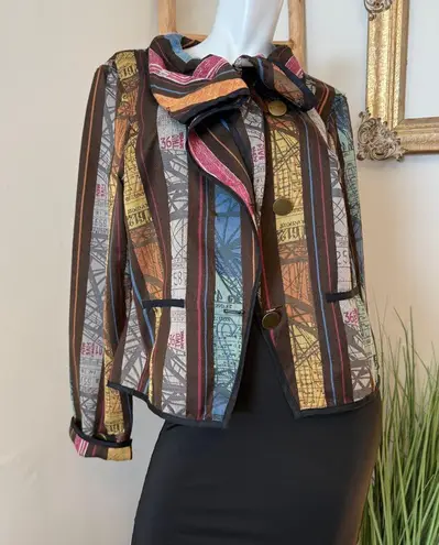 Multicolor Striped Women's Reversible Jacket Large Ruffle Collar Black