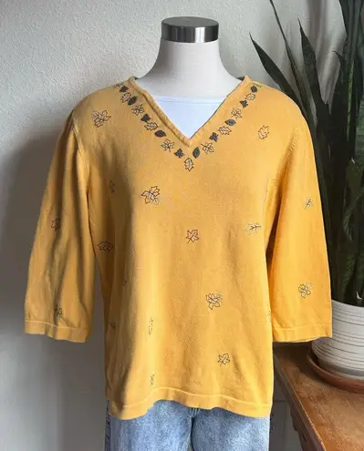 Fall Leaf knit shirt Mustard Yellow Embroidered Cotton Top 2010 teacher size 1X