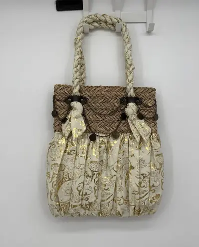 Sun 'N Sand Woven Straw Fabric Gold Metallic Tote Bag Boho Chain Chic Brown