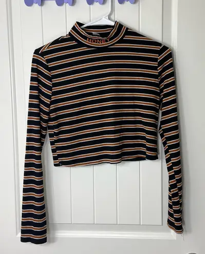 Women’s black brown striped mock neck ribbed stretch cropped long sleeve top M Size M