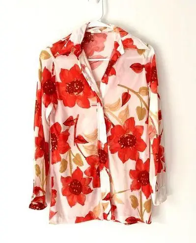 Vintage Vera Neumann 70s Disco Butterfly Collar Floral Button Down Blouse small White