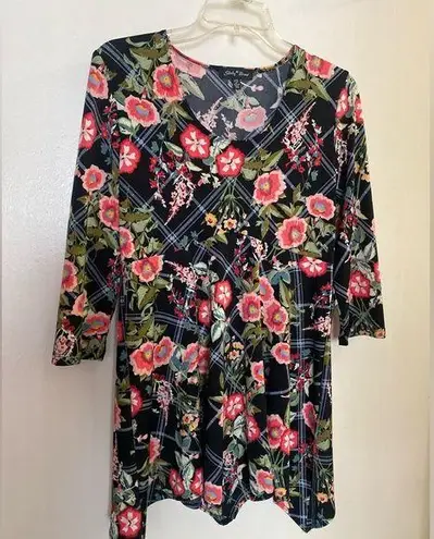 Slinky Brand Women’s Long Tunic Blouse XS Black Pink Floral Print Bust 34”