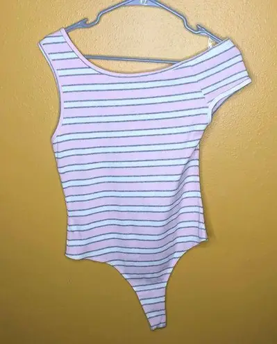 American Apparel  Pink Gray Striped Off Shoulder Bodysuit New L