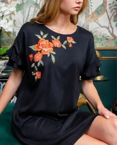 THML NWT womens size XS Black Ruffle Sleeve Floral Embroidered Dress