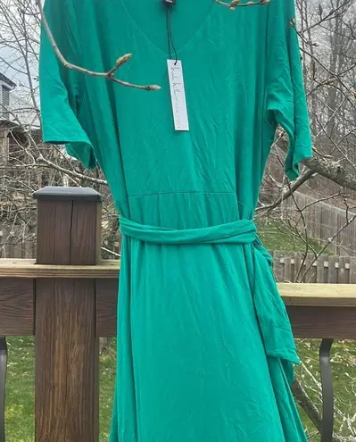 Nicole Miller v neck 3/4 sleeve belted maxi spring dress grass green size XL NWT