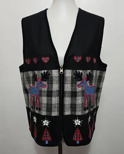 Cambridge Dry Goods Vest Plaid Moose Holiday Christmas Novelty Womens Medium Black
