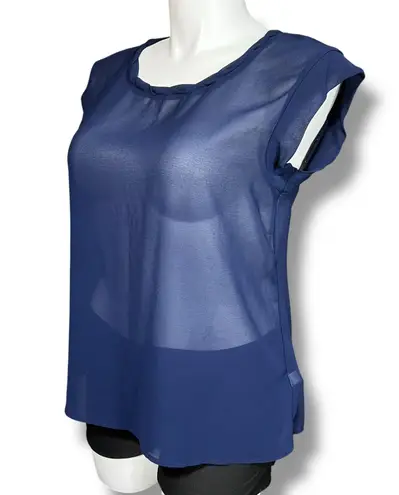 Spense Womens Sheer Blouse Shirt Top Cap Sleeve Round Neck Pullover Blue Large