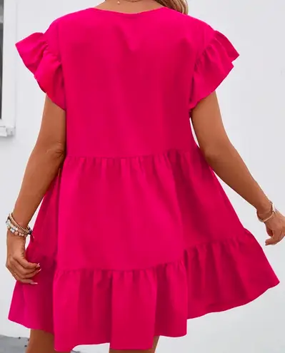 Solid Crew Neck Tiered Dress Pink