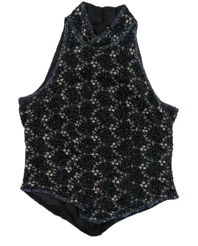 90s Vintage Adrianna Papell Boutique Black Sequin Sleeveless Silk Blouse Medium