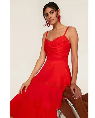Marchesa Notte Tiered Lace Trim Midi Dress Size 0 Red Glam Holiday Event Wedding