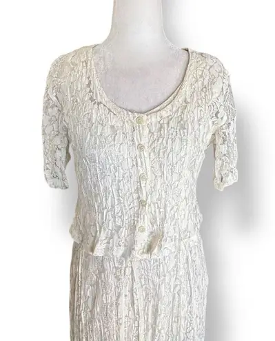 Deadstock 90s Lace Maxi Dress Ivory Sheer Floral Short Sleeve Scoop Neck Small