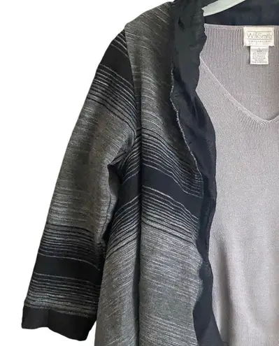 Gabrielle Ghino Italian Made Black/Gray Striped Mixed Fabric Wrap Cardigan. S Black