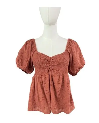 Baevely Rust Eyelet Puff Sleeve Peplum Top Women’s Size Large Orange