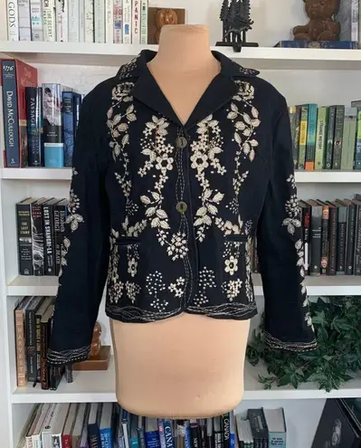 Vintage 90s Embroidered Jean Jacket Black Denim Tan Floral Bohemian Size Small