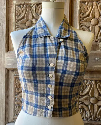 Arizona Jean Company Arizona Blue Tan Plaid Button Up Halter Top Size Small