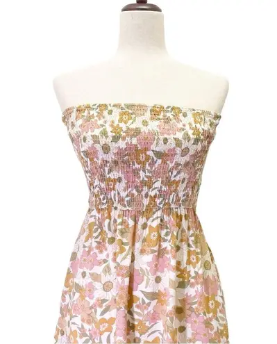 Petal and Pup  Strapless Retro Floral Midi Dress Tan Pink Cream Size 4 70s Boho