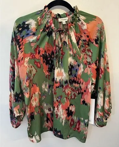 ee:some  Green Watercolor Long Sleeve Top Tie Neckline Size Medium NEW