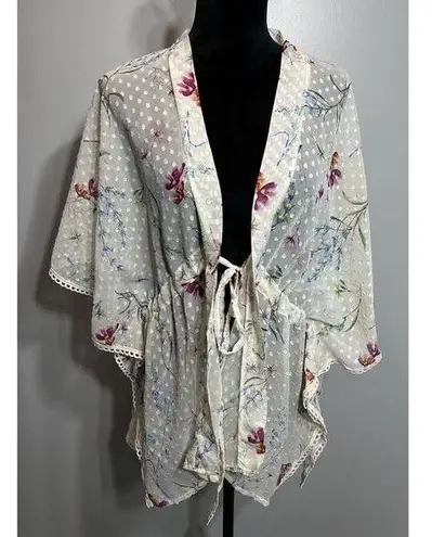 Time & Tru Kimono Sheer Dotted Floral Front Tie Coverup Beachy Size Small NEW