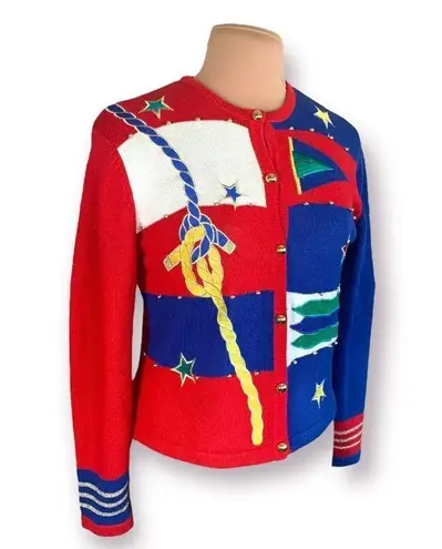 Vintage 90s Nautical Knit Cardigan Sweater Round Neck Bright Pattern Cropped Red Size M