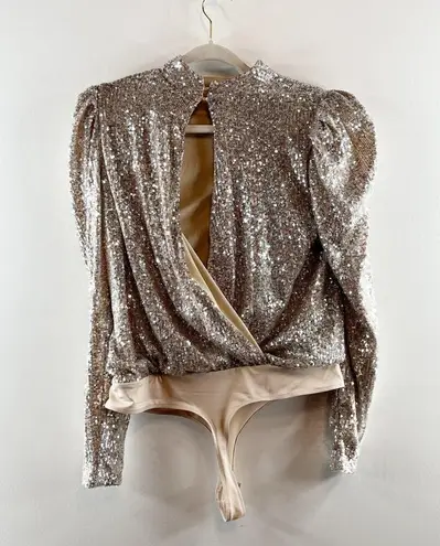 Rachel Zoe  Puff Long Sleeve Sequin Open Back Thong Bodysuit Gold Large