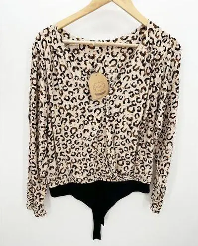 Kori Bodysuit Womens Large NWT Cream Black Cheetah Animal Print Long Sleeve