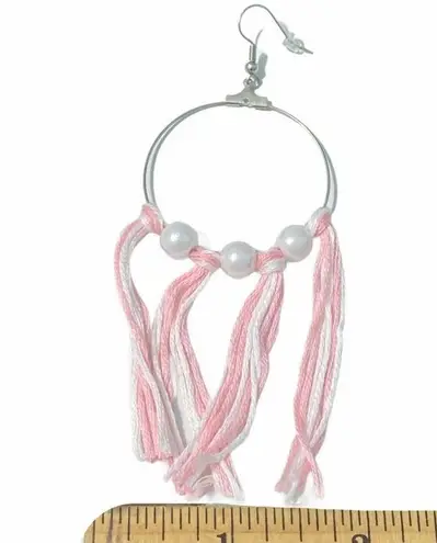 None Statement Earrings Tassel Fringe Big Hoops Faux Pearl Silver Pink White Silver