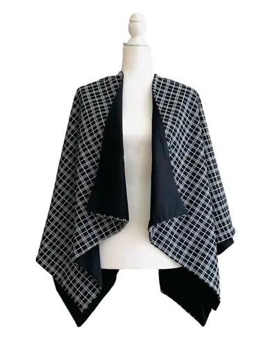 None Cape Wrap Poncho Navy Blue White Plaid Open Front Reversible Cape Wrap Size L/XL