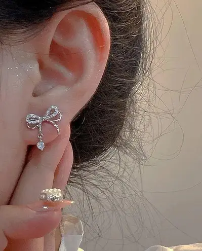 Boutique Coquette Rhinestoned Silver Bow Earrings