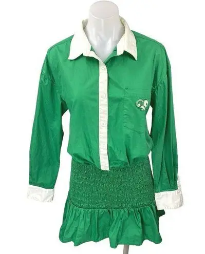 Ser.O.Ya Lexi Green Button Up Long sleeve Smocked Mini Blouson Shirt Dress Sz L Size L