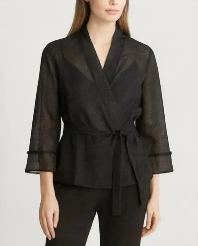 Carlisle Black Silk Wrap Top Semi Sheer Blouse w/ Jewel 3/4 Sleeve Cuff Sz 4