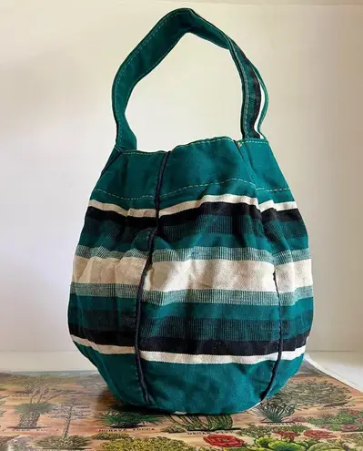 Handmade Vintage 90s Green Southwestern Tapestry Round Bucket Bag