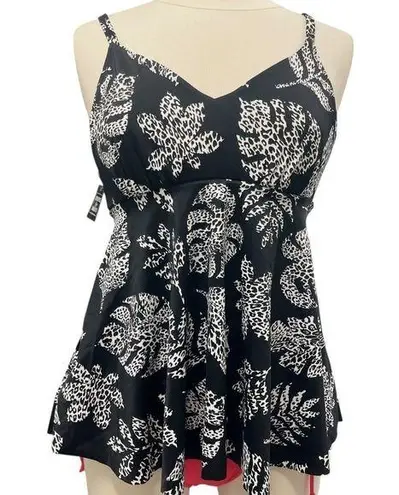 Swim Solutions Empire Waist Tummy Control Spotted Leaf Black Swim Dress Large