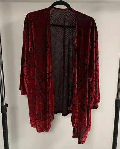 Vintage Red Flocked Velvet Waterfall Cardigan Size XL