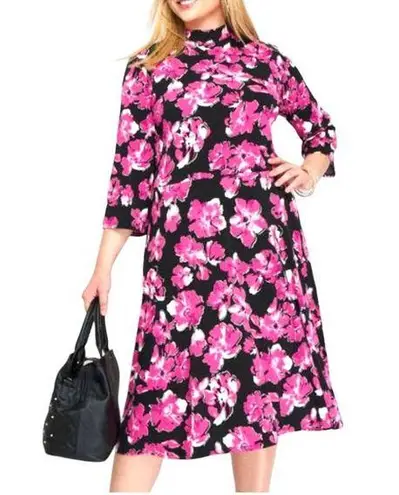 Jessica London BLACK WITH PINK FLORAL DESIGN KNIT FIT & FLARE DRESS FLORAL 16W