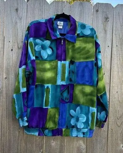 Vintage 90s Sport Savvy women Windbreaker Jacket Full Zip Floral Medium Purple Blue