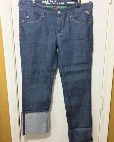 Replay women's size 31 multicolor roll cuff JUSHMANN "Made With Love" dark jeans Blue