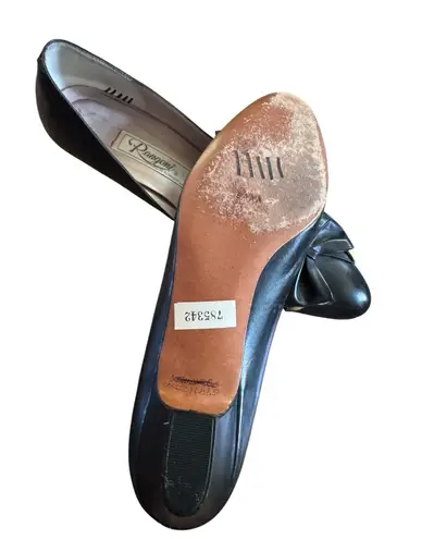 Vintage Paogoni Florence Leather Bow Pumps Pointed Kitten Heels Classic 8 Narrow Black